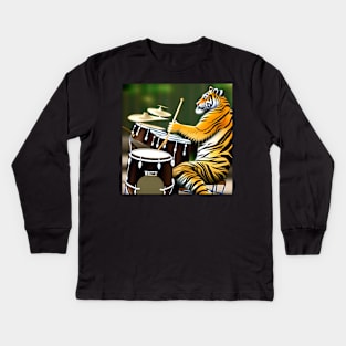 A Tiger Playing The Drums Kids Long Sleeve T-Shirt